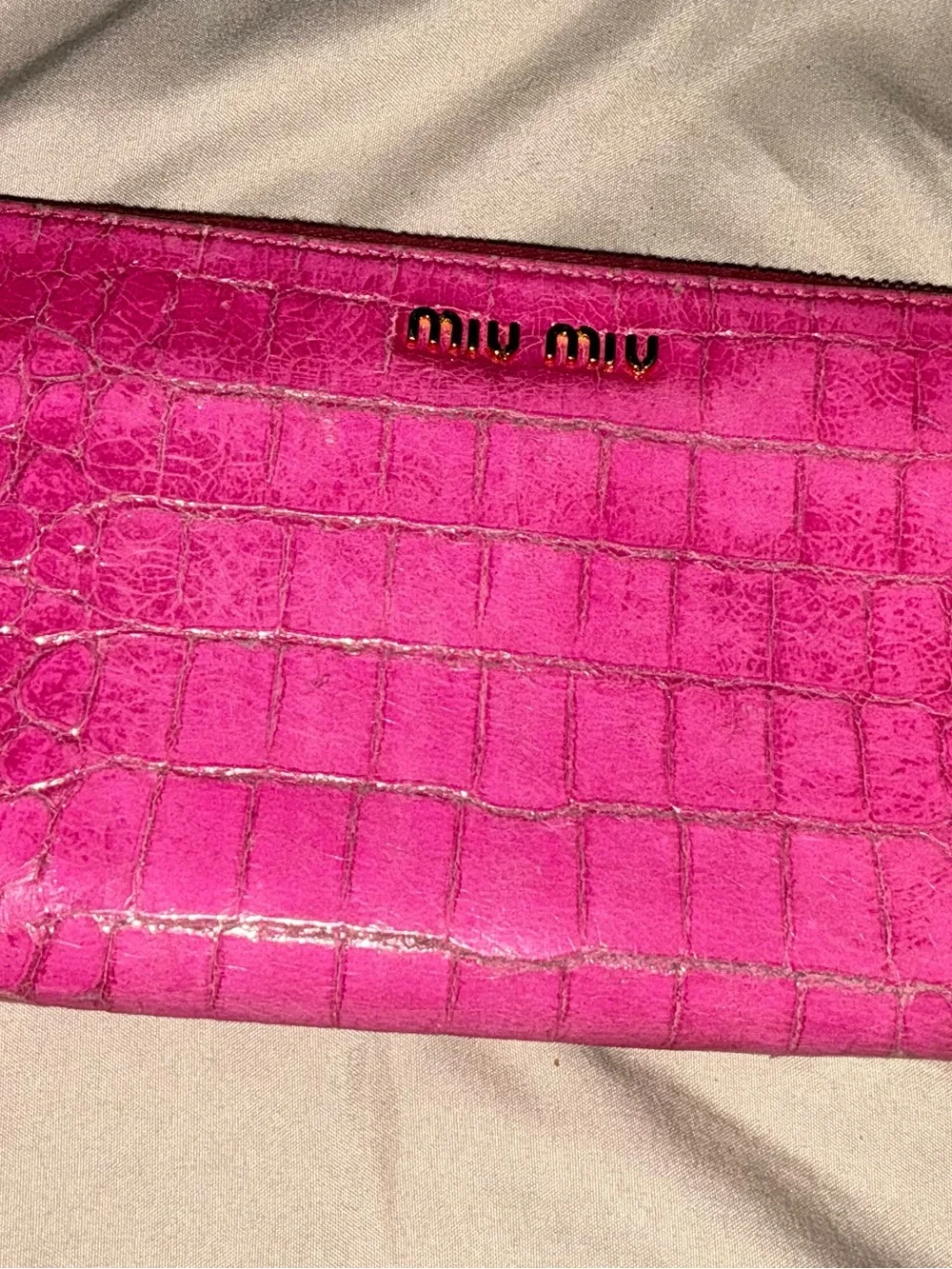 Miu Miu Croc-Embossed Zip Leather Continental Wallet in Fuchsia Pink